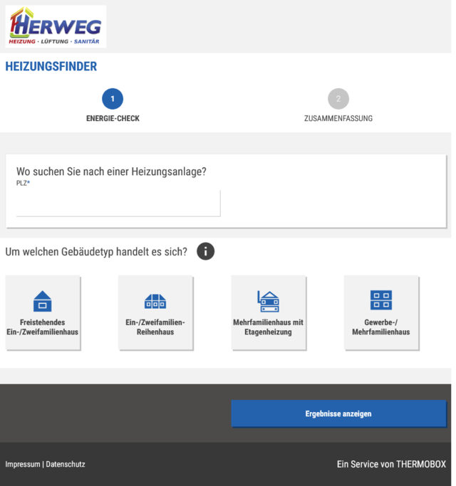 Screenshot des Heizungsfinders der Herweg GmbH