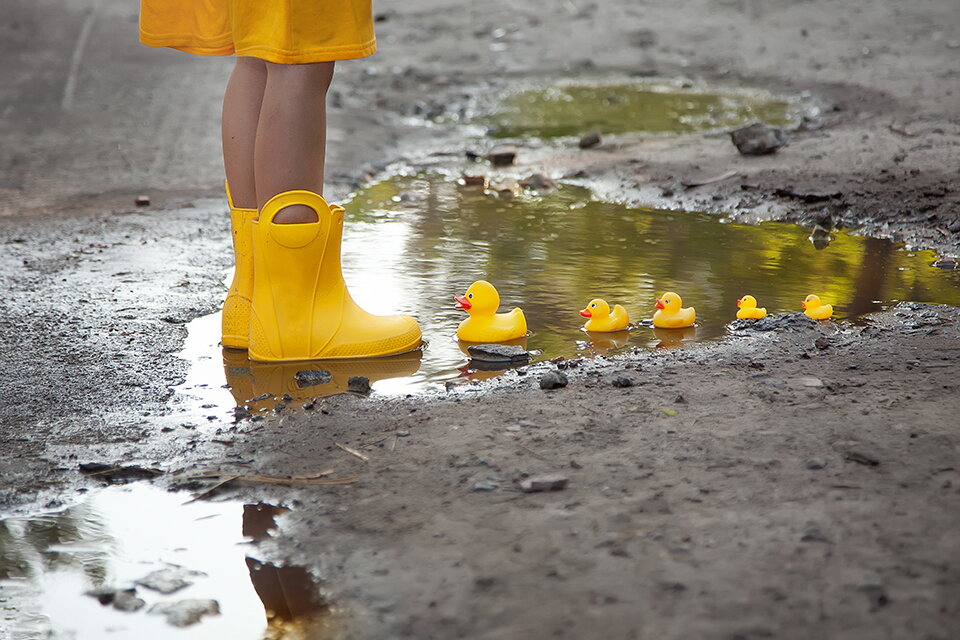 Man sieht die Beine eines Kindes mit gelbem Regenmantel und gelben Gummistiefeln. Das Kind steht in einer Pfütze, in der 5 verschieden große Gummienten schwimmen.