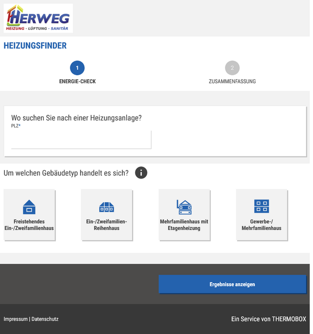 Screenshot des Heizungsfinders der Herweg GmbH