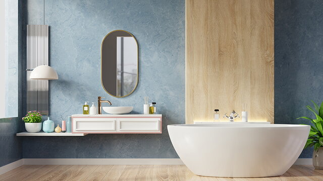 Modernes Badezimmer mit anthrazitfarbenen Wänden in Marmoroptik, mit Holzapplikationen und Armaturen in Retro-Optik