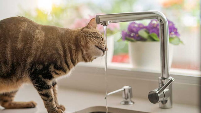 Das Bild zeigt eine Katze, die in einer modernen Küche aus einem Wasserhahn trinkt. Im Hintergrund stehen blühende Pflanzen auf der Fensterbank. Die Szene vermittelt ein Gefühl von Alltag und Frische und unterstreicht die hohe Qualität und Reinheit des Tr