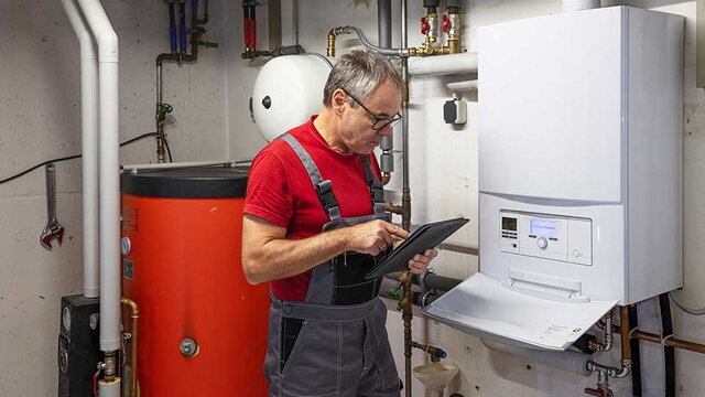 Das Bild zeigt einen Handwerker in Arbeitskleidung, der mit einem Tablet die Einstellungen oder Wartung einer Heizungsanlage überprüft. Im Hintergrund sind Rohre, ein großer roter Warmwasserspeicher und eine weiße Heizungssteuerung zu sehen.