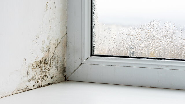 Schimmel in einer Fensternische, Kondenswasser auf der Scheibe